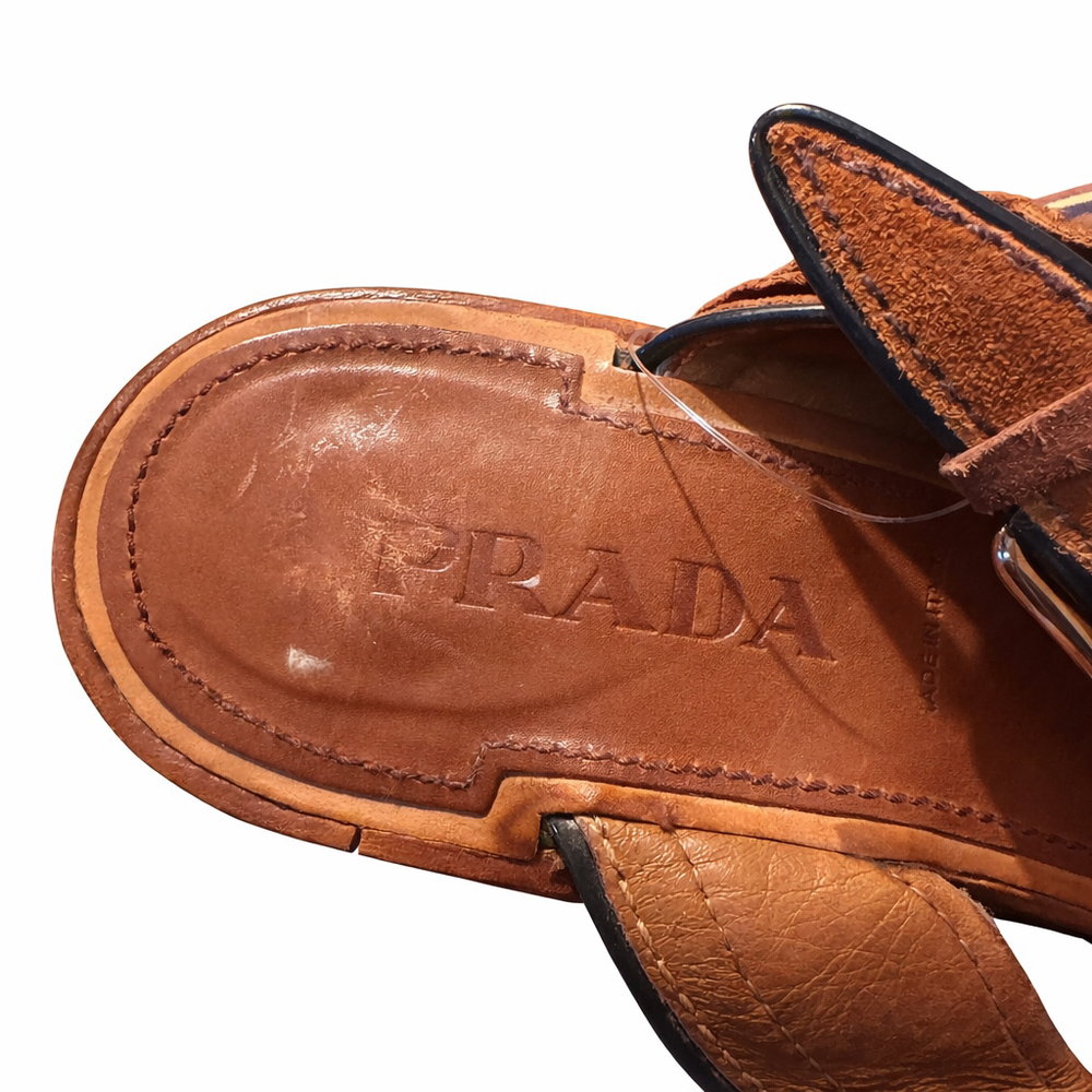 Authentic Prada Brown Leather Suede Sandals Size 41/US 11 Heeled Designer Shoes - Picture 6 of 8